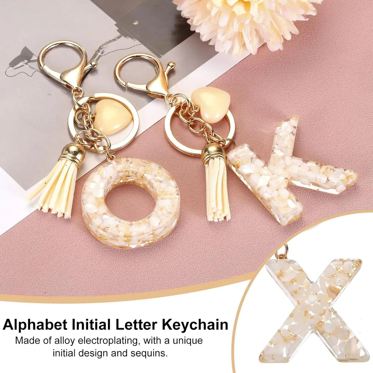 Letter X Keychain Charm with Tassel and Bead, Gold Tone Initial Bag Pendant for Keys and Handbags, Cream White