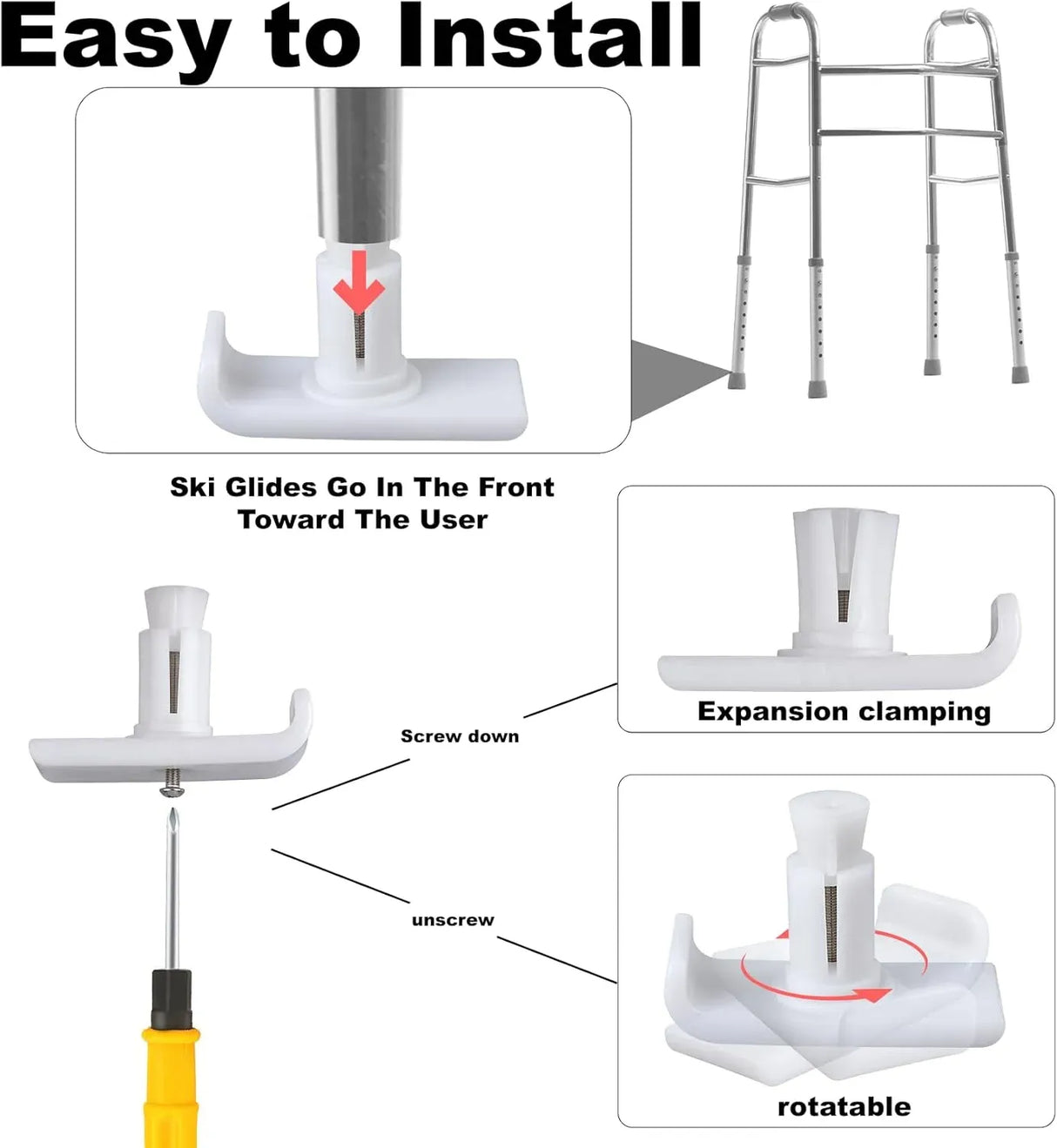 Universal Walker Ski Glides 4 Pack, Mobility Aid Accessory for Seniors, White, Practical Everyday Use, Durable Replacement Accessory