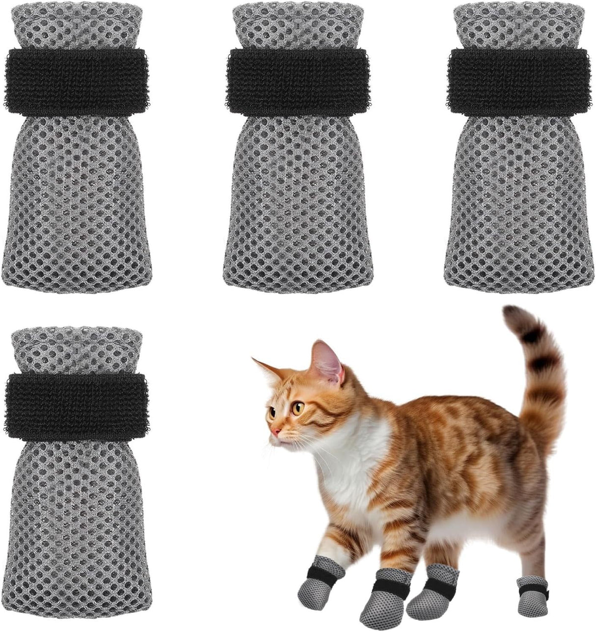4 Pcs Cat Anti Scratch Mittens, Adjustable Breathable Mesh Claw Covers for Bathing and Nail Trimming, Gray, XL Size