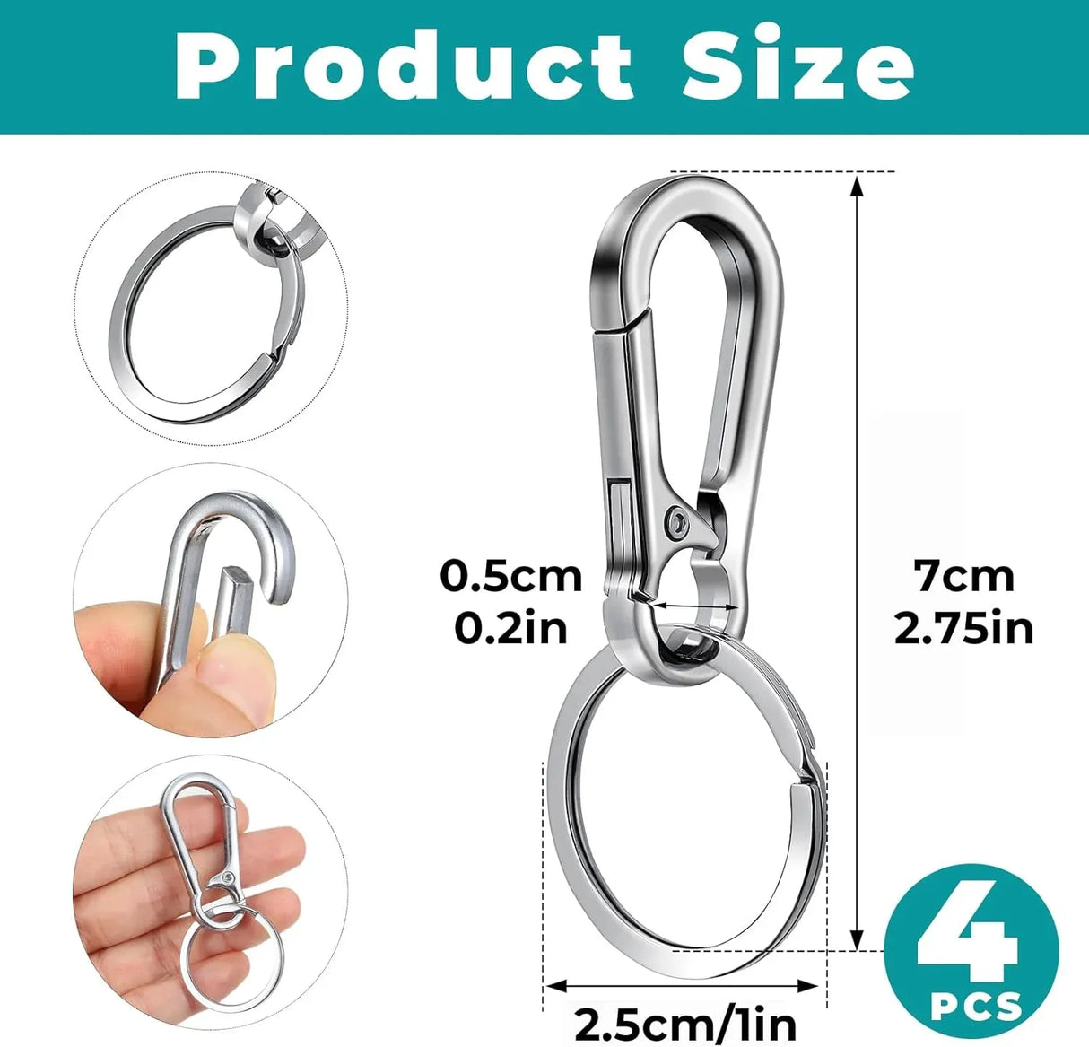 4 Pack Pet ID Tag Clips, Heavy Duty Stainless Steel Key Ring Hooks for Dog Cat Collars and Harnesses, Silver, Stainless Steel Construction