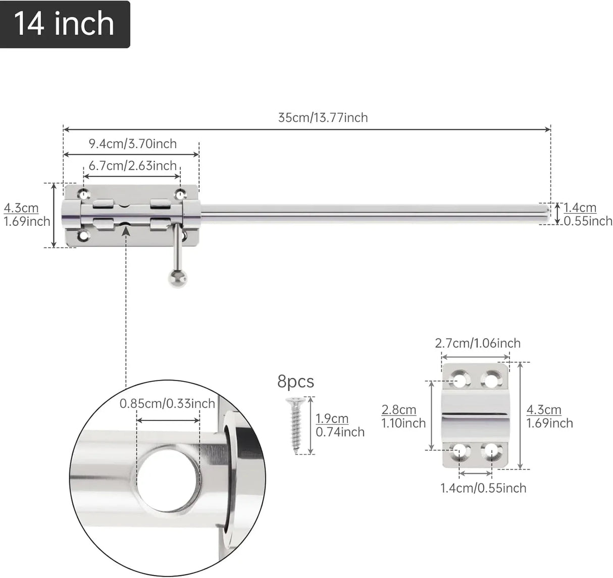 Barrel Bolt Door Latch 14 Inch 304 Stainless Steel Heavy Duty Slide Lock for Gate Barn Door with 8.5 mm Padlock Hole Silver
