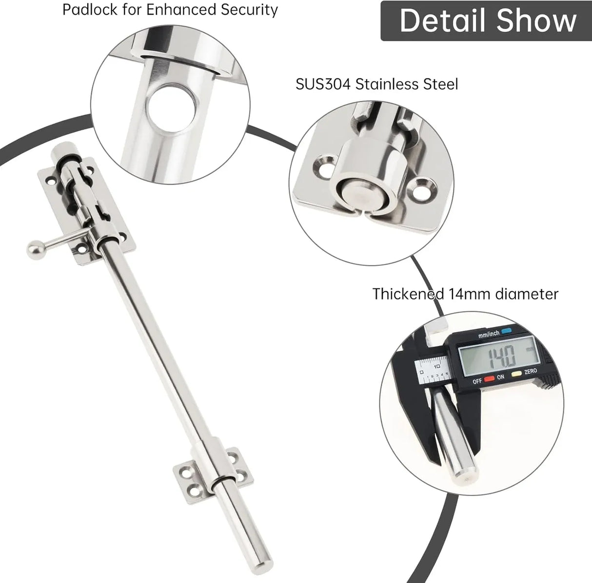 Barrel Bolt Door Latch 14 Inch 304 Stainless Steel Heavy Duty Slide Lock for Gate Barn Door with 8.5 mm Padlock Hole Silver