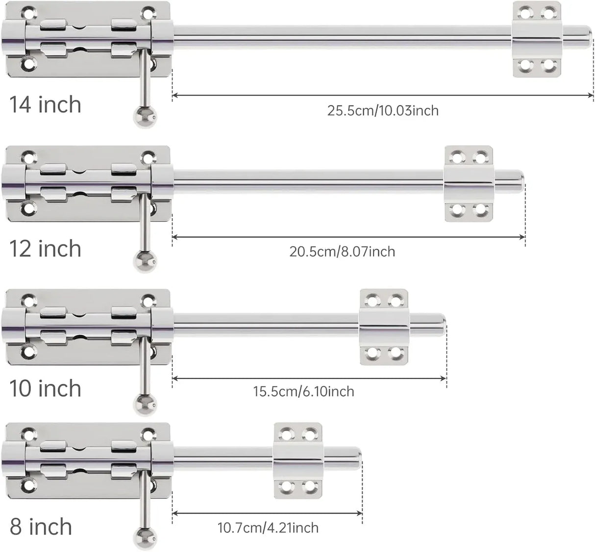 Barrel Bolt Door Latch 14 Inch 304 Stainless Steel Heavy Duty Slide Lock for Gate Barn Door with 8.5 mm Padlock Hole Silver