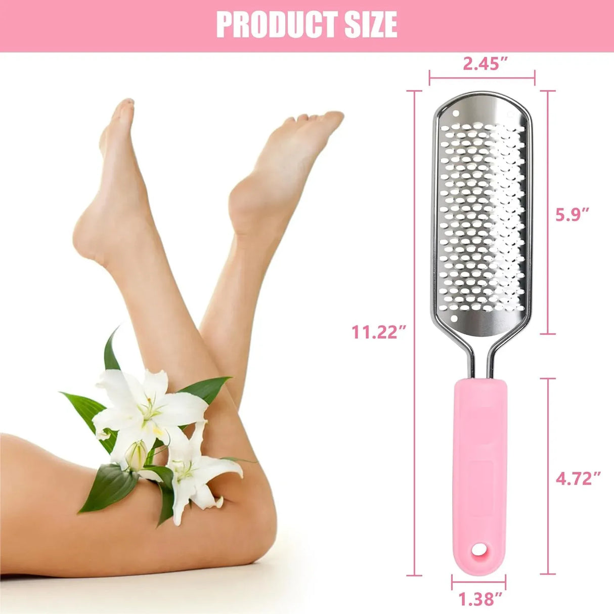 Foot File Callus Remover, Stainless Steel Pedicure Scrubber for Hard Cracked Dead Skin, Wet and Dry Foot Care, Pink