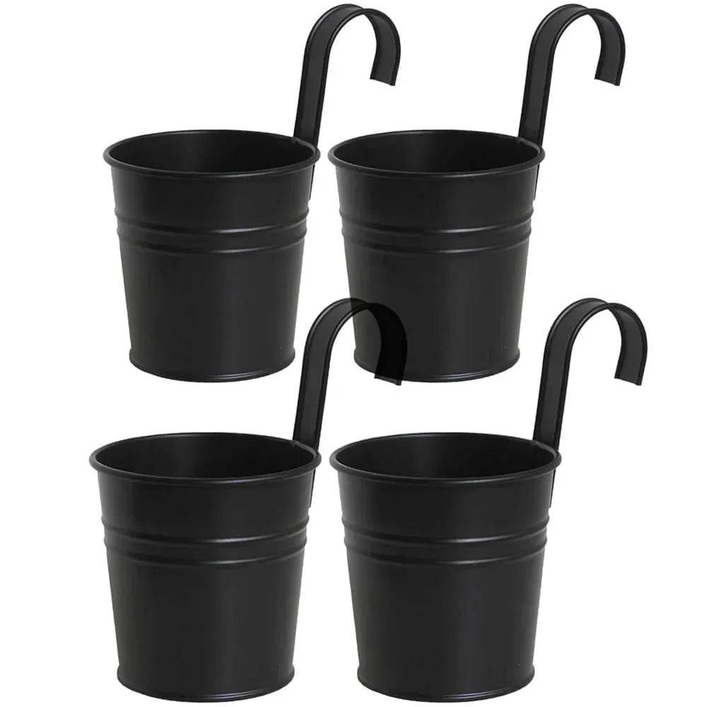 Metal Railing Planter Pots, 4 Pack Hanging Flower Buckets for Balcony Garden Fence Decor, Black, 4 Inch, for Garden Yard and Outdoor Use
