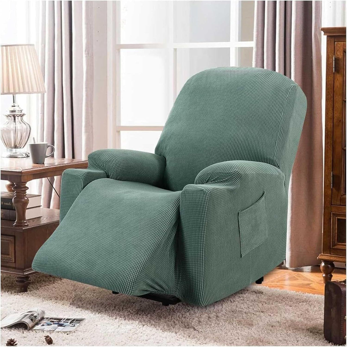 Power Lift Recliner Slipcover High Stretch Soft Jacquard Fabric with Side Pocket for Standard Recliner Chair Green, Letter C Option