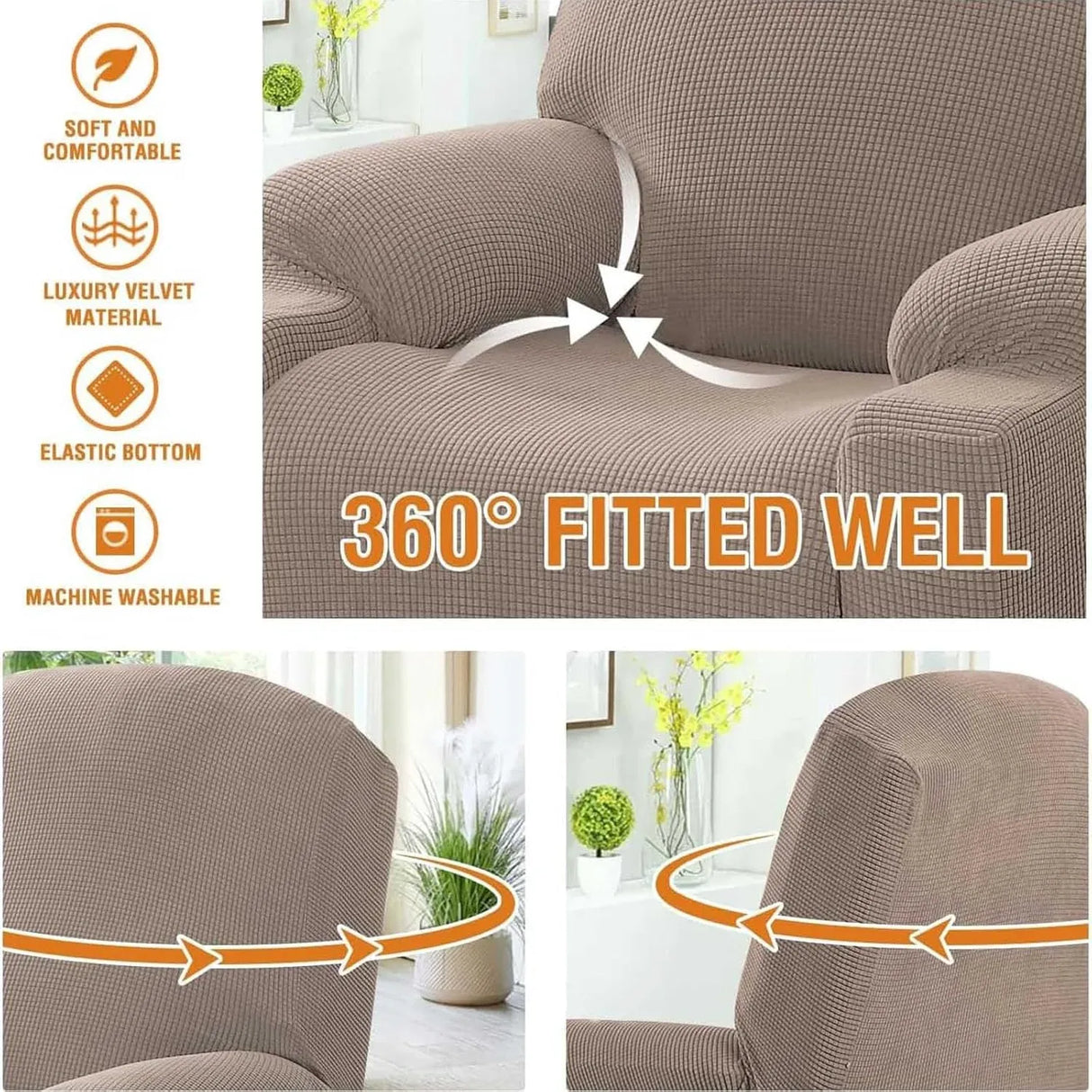 Recliner Slipcover High Stretch Soft Jacquard Fabric with Side Pocket for Standard Power Lift Recliner Beige, Letter E Option