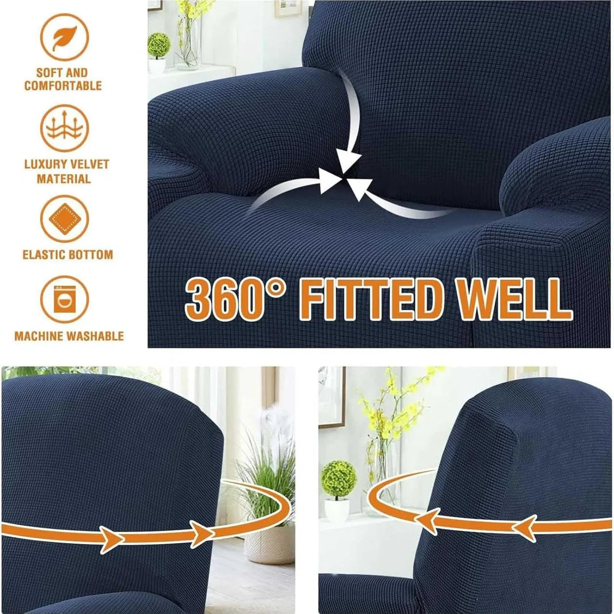 Recliner Slipcover with Side Pocket, High Stretch Soft Jacquard Fitted Cover for Standard Power Lift Recliner, Navy Blue, Letter F Option