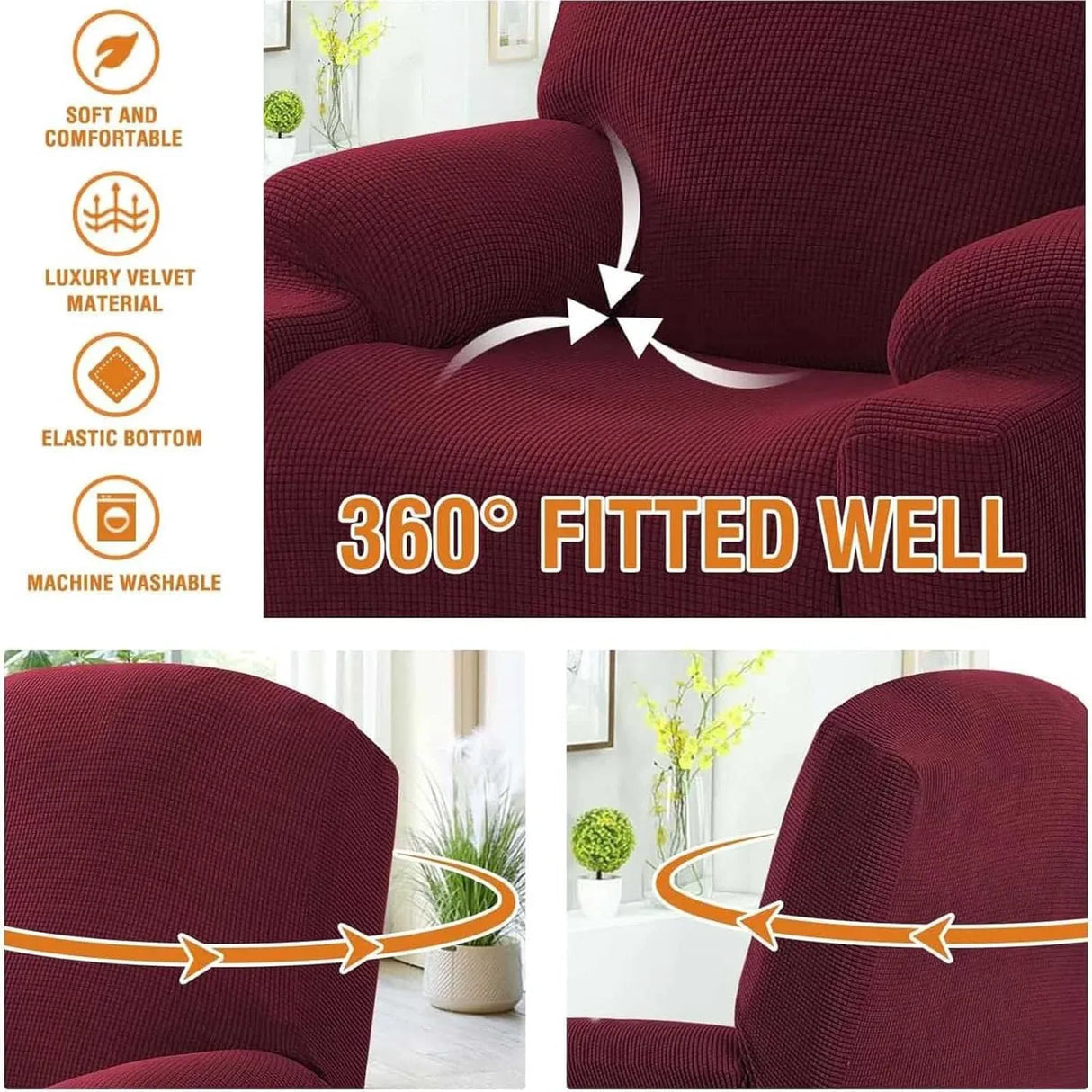 Recliner Slipcover High Stretch Soft Jacquard Fabric with Side Pocket for Standard Power Lift Recliner Burgundy, Letter B Option