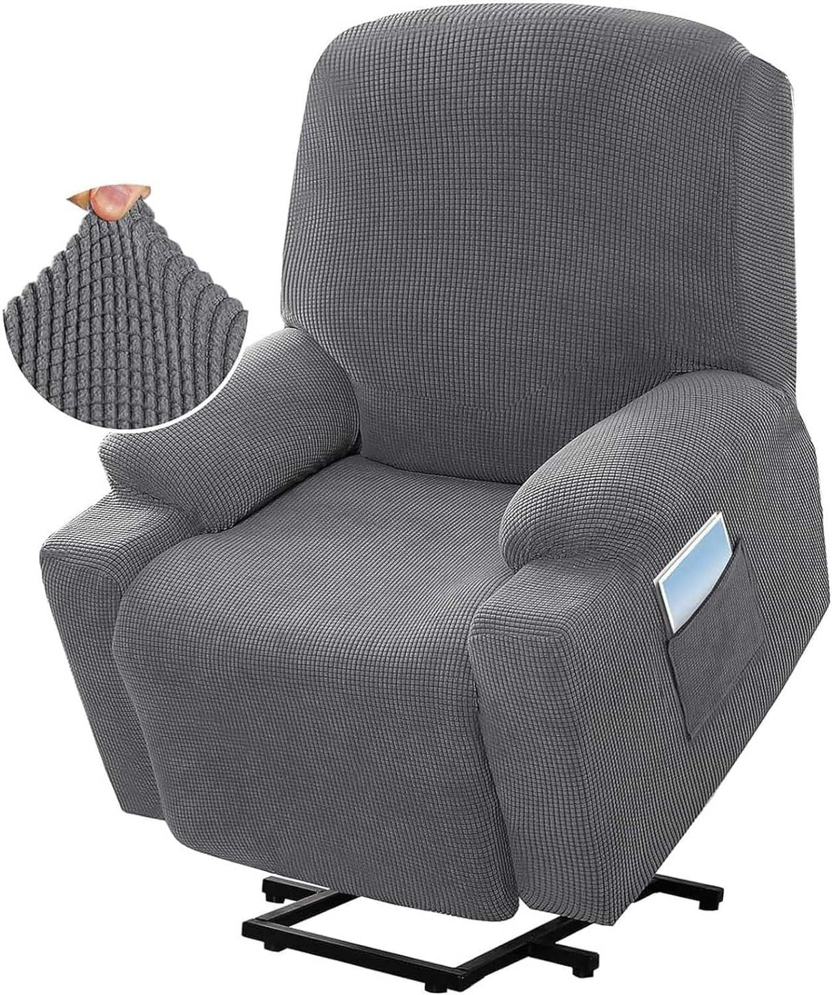 Recliner Slipcover with Side Pocket, High Stretch Soft Jacquard Fitted Cover for Standard Power Lift Recliner, Gray, Letter D Option