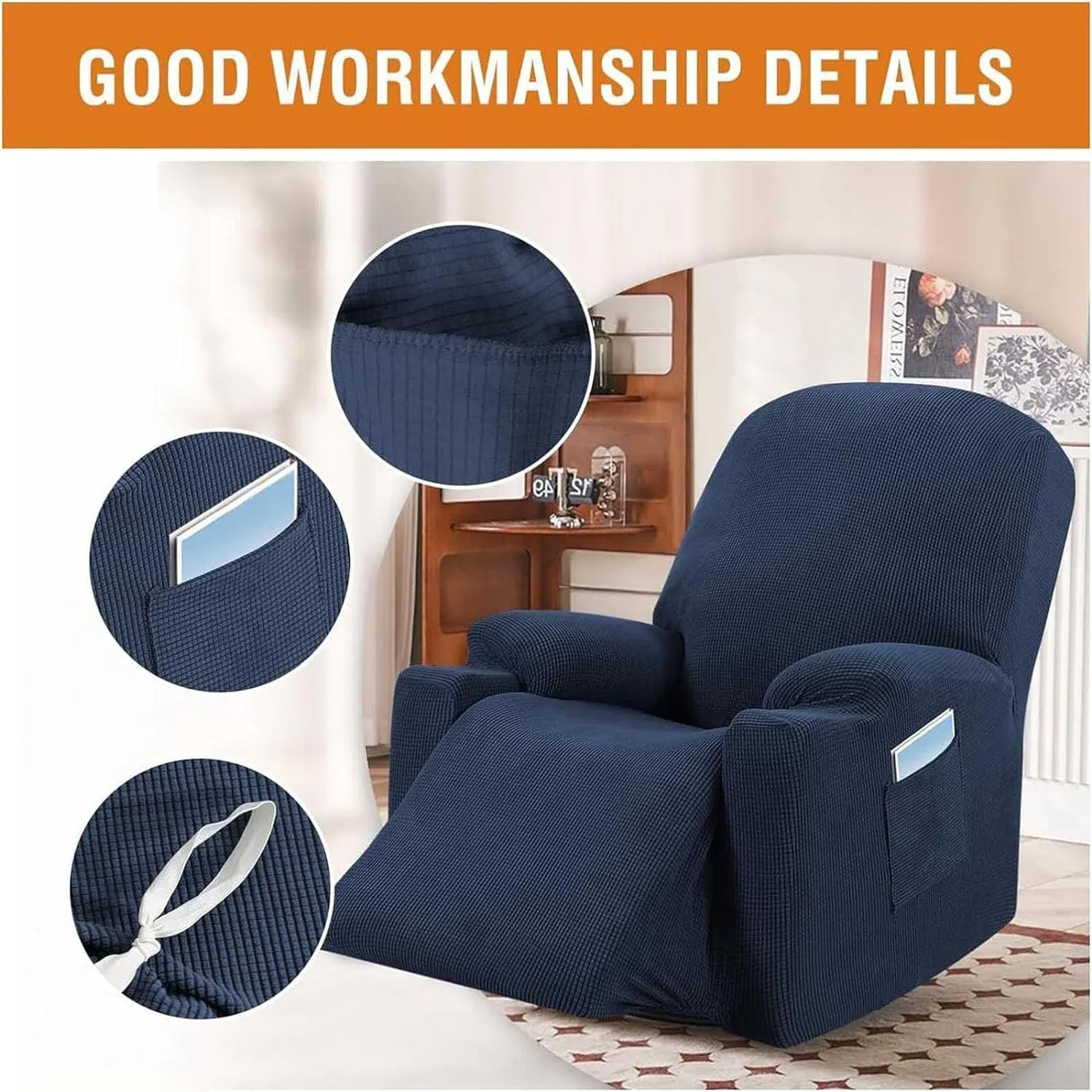 Recliner Slipcover High Stretch Soft Jacquard Fabric with Side Pocket for Standard Power Lift Recliner Chair Navy Blue, Letter F Option
