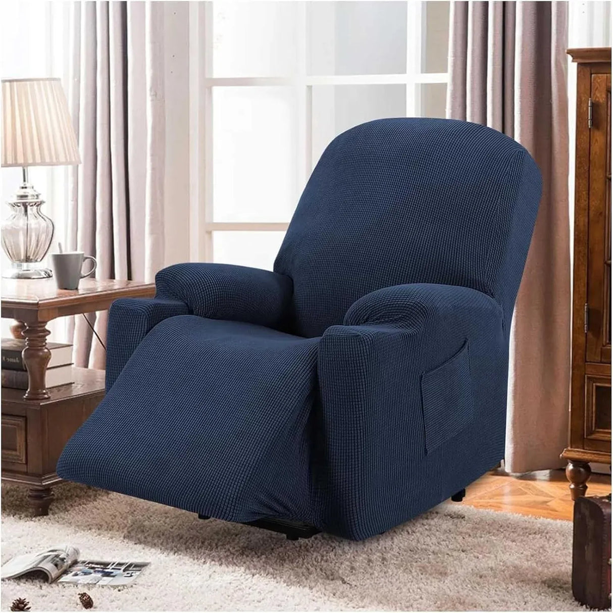 Recliner Slipcover High Stretch Soft Jacquard Fabric with Side Pocket for Standard Power Lift Recliner Chair Navy Blue, Letter F Option