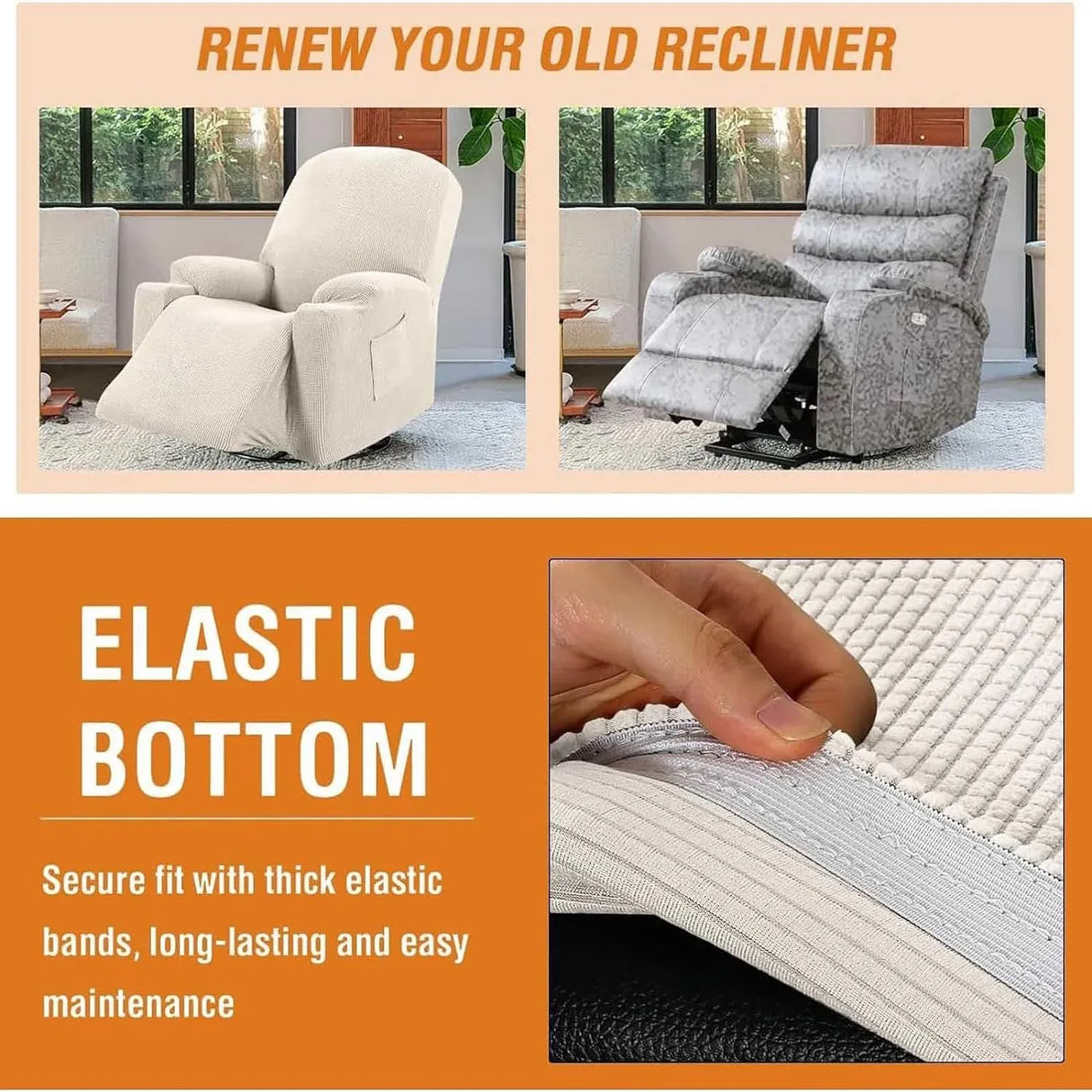 Power Lift Recliner Slipcover, High Stretch Soft Jacquard Fabric with Side Pocket, Fitted Cover for Standard Recliner Chair, Cream, Letter H Option