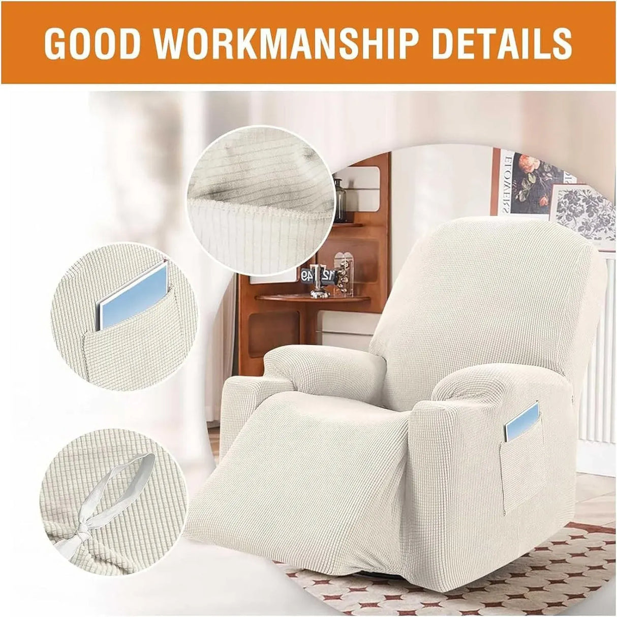 Power Lift Recliner Slipcover, High Stretch Soft Jacquard Fabric with Side Pocket, Fitted Cover for Standard Recliner Chair, Cream, Letter H Option