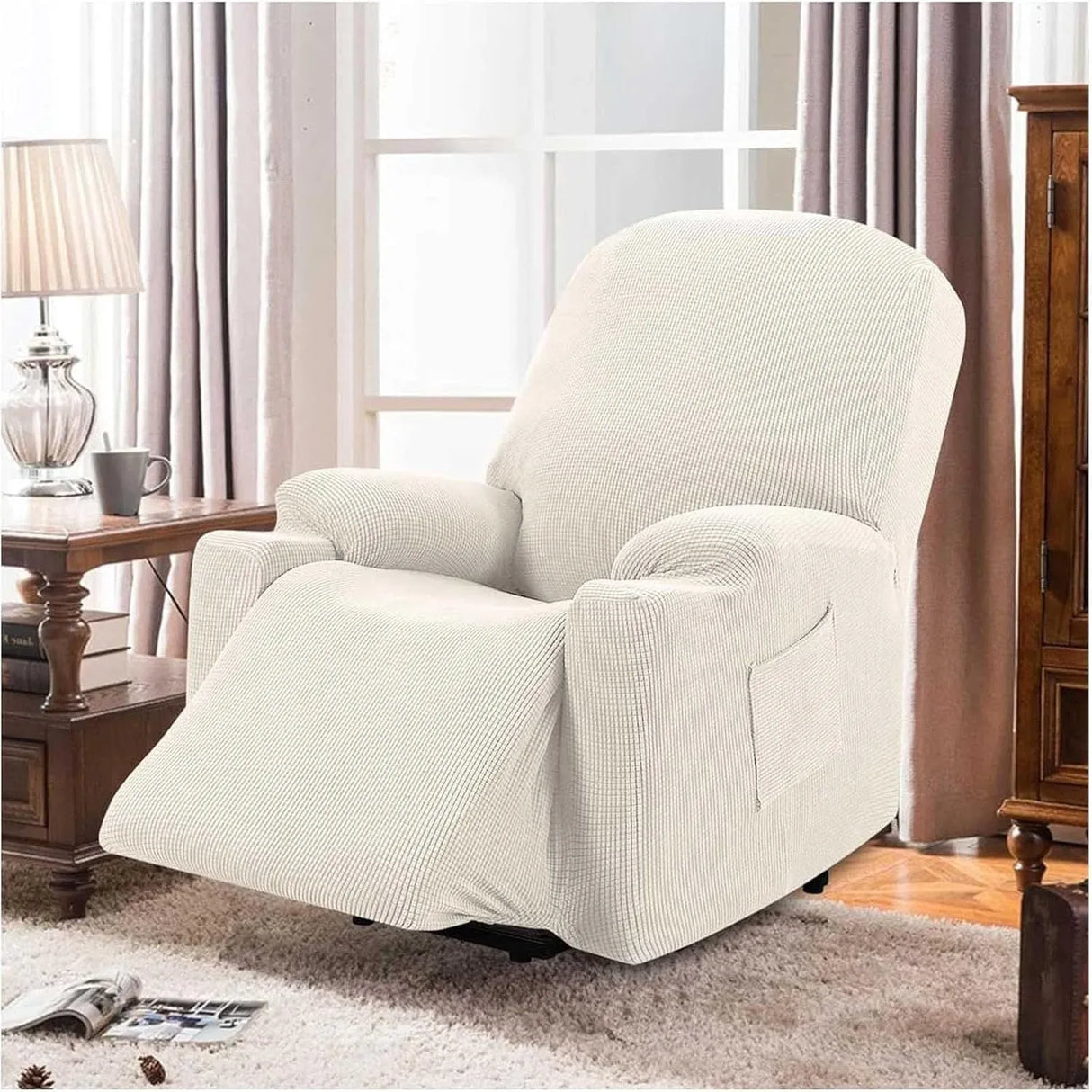 Power Lift Recliner Slipcover, High Stretch Soft Jacquard Fabric with Side Pocket, Fitted Cover for Standard Recliner Chair, Cream, Letter H Option