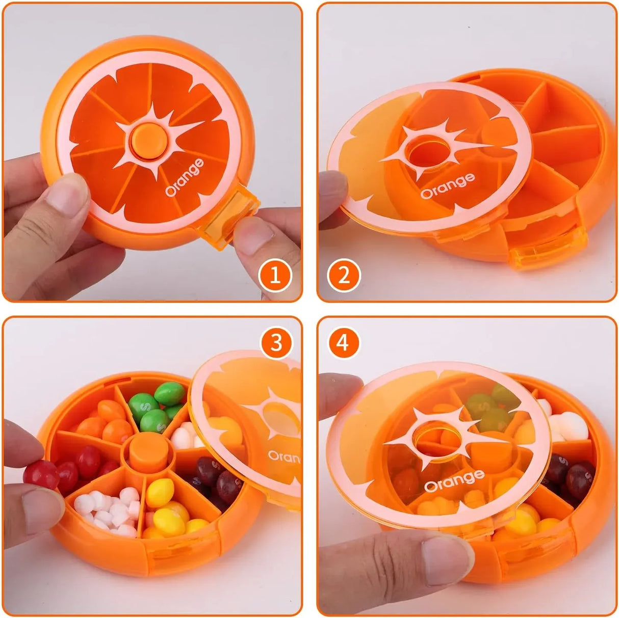 Portable Weekly Pill Organizer Box, 7 Day Rotary Circular Design, 3 Compartment Fruit Style for Travel, Orange