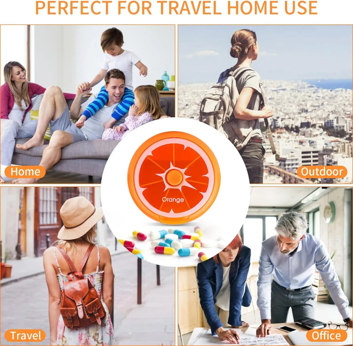 Portable Weekly Pill Organizer Box, 7 Day Rotary Circular Design, 3 Compartment Fruit Style for Travel, Orange