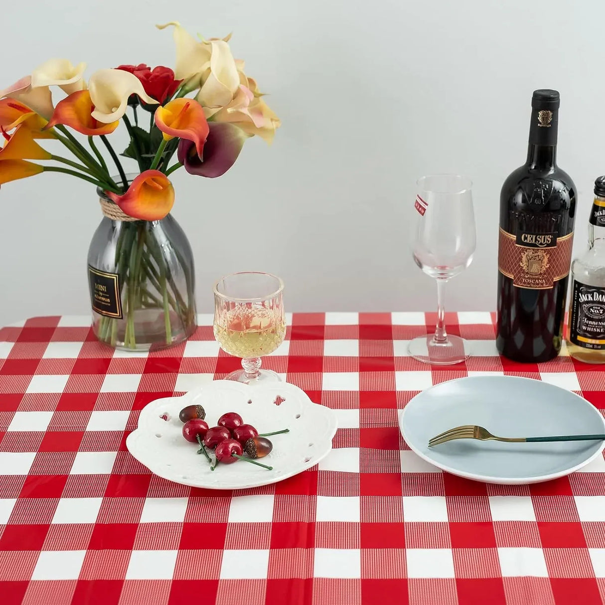 Gingham Plastic Tablecloths, Disposable Waterproof Rectangle Table Covers for Parties and Picnics, Red White, 54 x 108 Inch, 3 Pack
