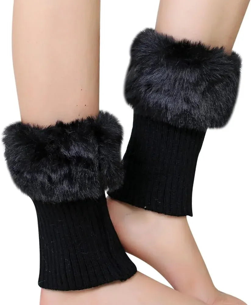 Faux Fur Boot Cuffs Short Fuzzy Knitted Leg Warmers for Women Winter Ankle Covers Black, Practical Everyday Use