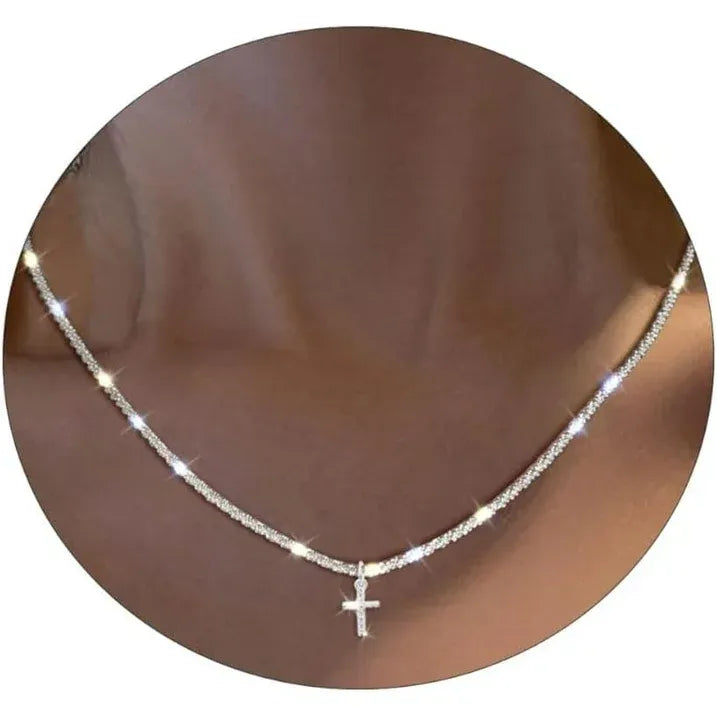 Silver Plated Cubic Zirconia Cross Pendant Choker Necklace with Adjustable Twist Rope Chain for Women, Adjustable Design