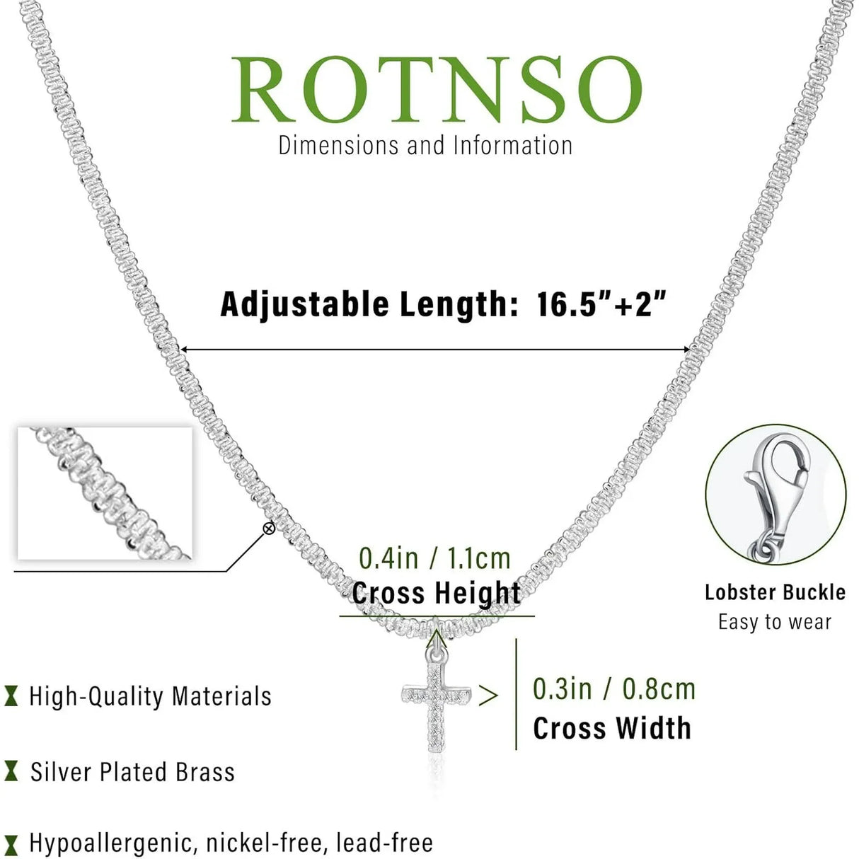 Silver Plated Cubic Zirconia Cross Pendant Choker Necklace with Adjustable Twist Rope Chain for Women, Adjustable Design