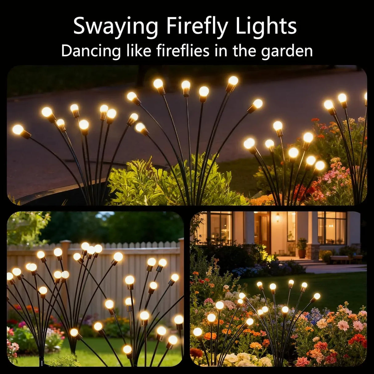 Solar Garden Lights 2 Pack, 16 LED Swaying Firefly Lights for Patio Pathway Courtyard Decoration, Big Bulb Waterproof