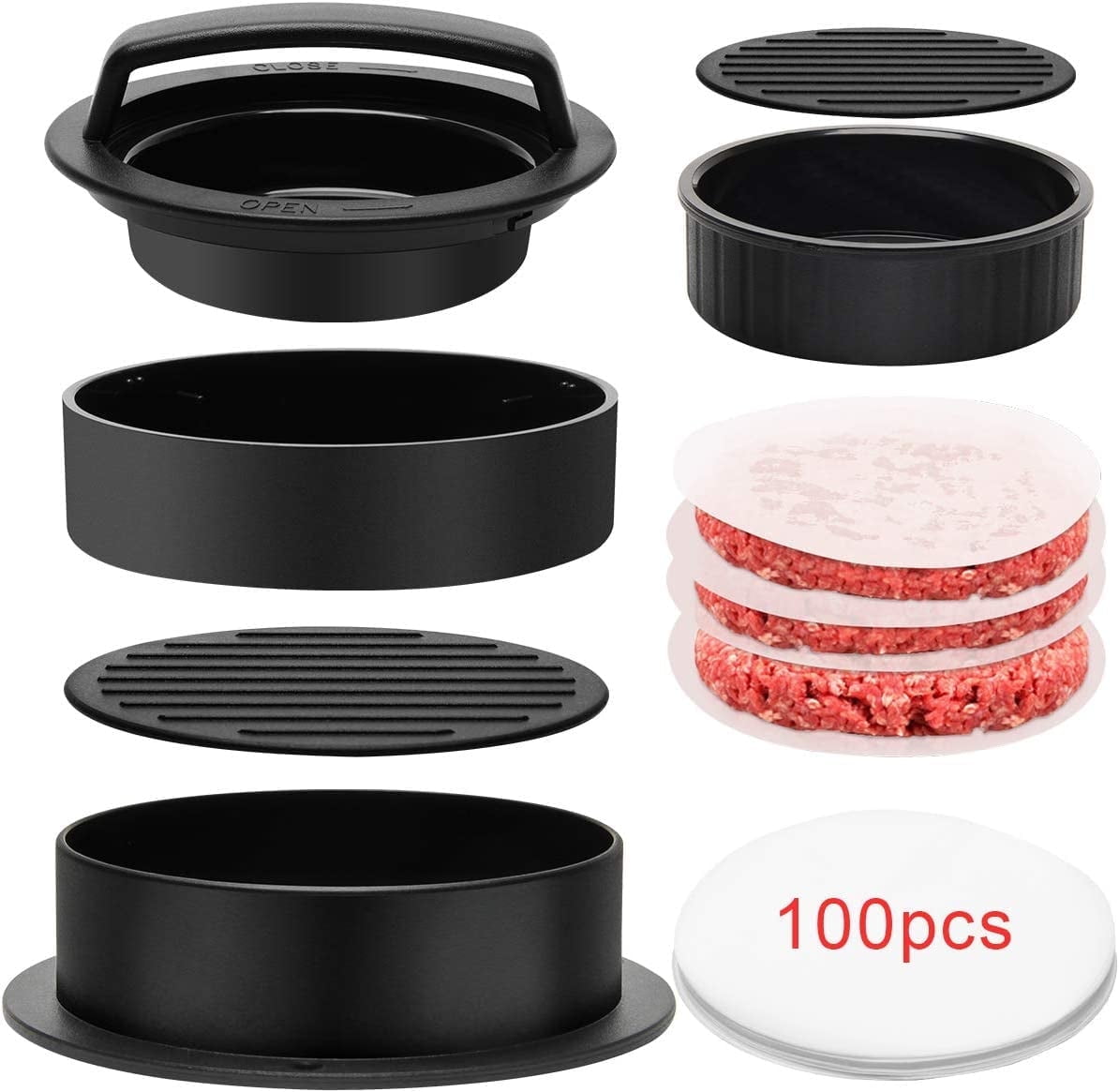 3 in 1 Burger Press Patty Maker,Plutput Hamburger Patty Maker Stuffed Burgers Press with 100p Burger Paper for BBQ Non-Stick Sliders Beef Burger Press (Black)
