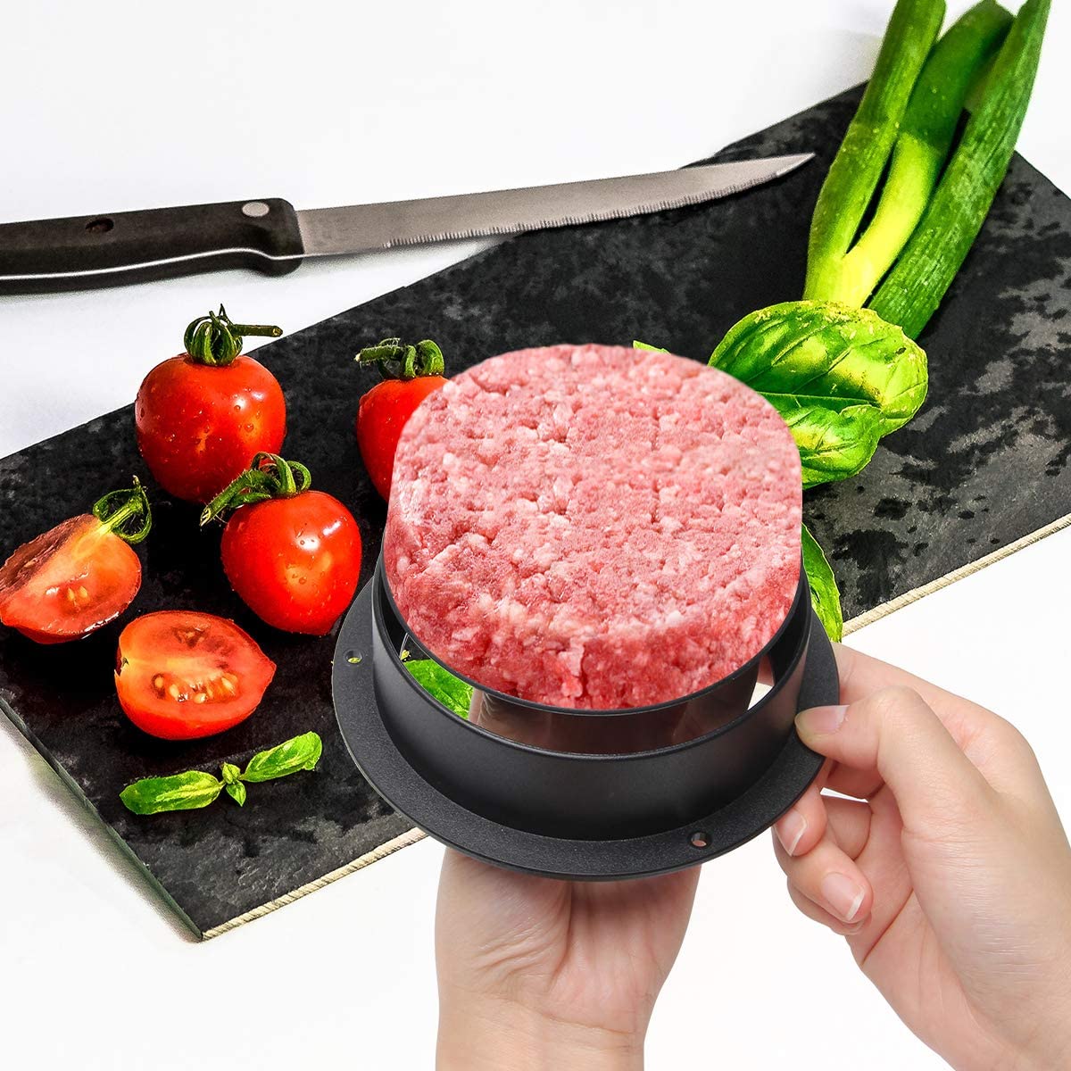 3 in 1 Burger Press Patty Maker,Plutput Hamburger Patty Maker Stuffed Burgers Press with 100p Burger Paper for BBQ Non-Stick Sliders Beef Burger Press (Black)