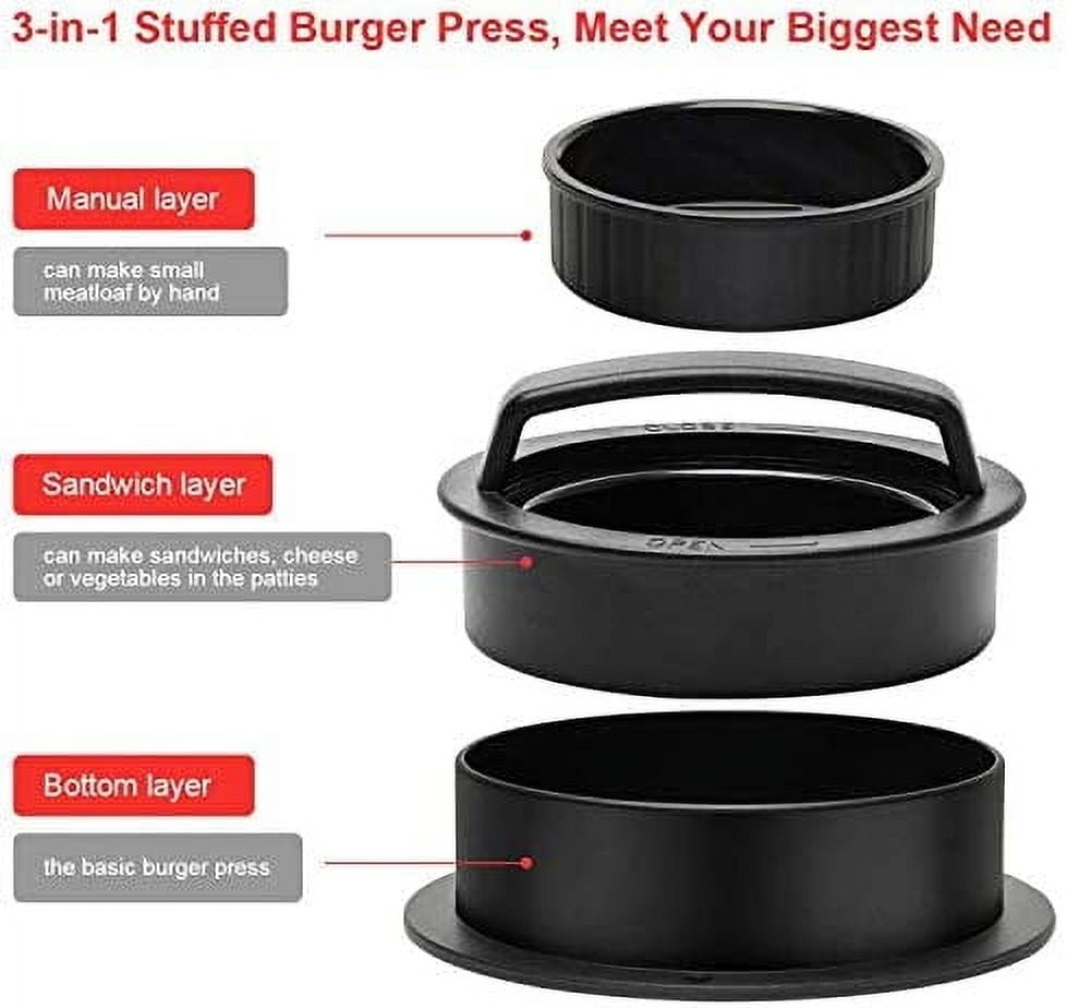 3 in 1 Burger Press Patty Maker,Plutput Hamburger Patty Maker Stuffed Burgers Press with 100p Burger Paper for BBQ Non-Stick Sliders Beef Burger Press (Black)