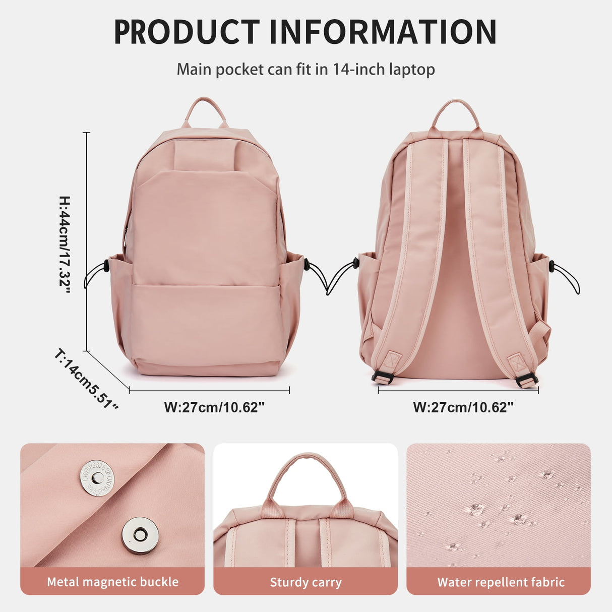 Unisex Lightweight Water-Resistant Backpack, Black Pink