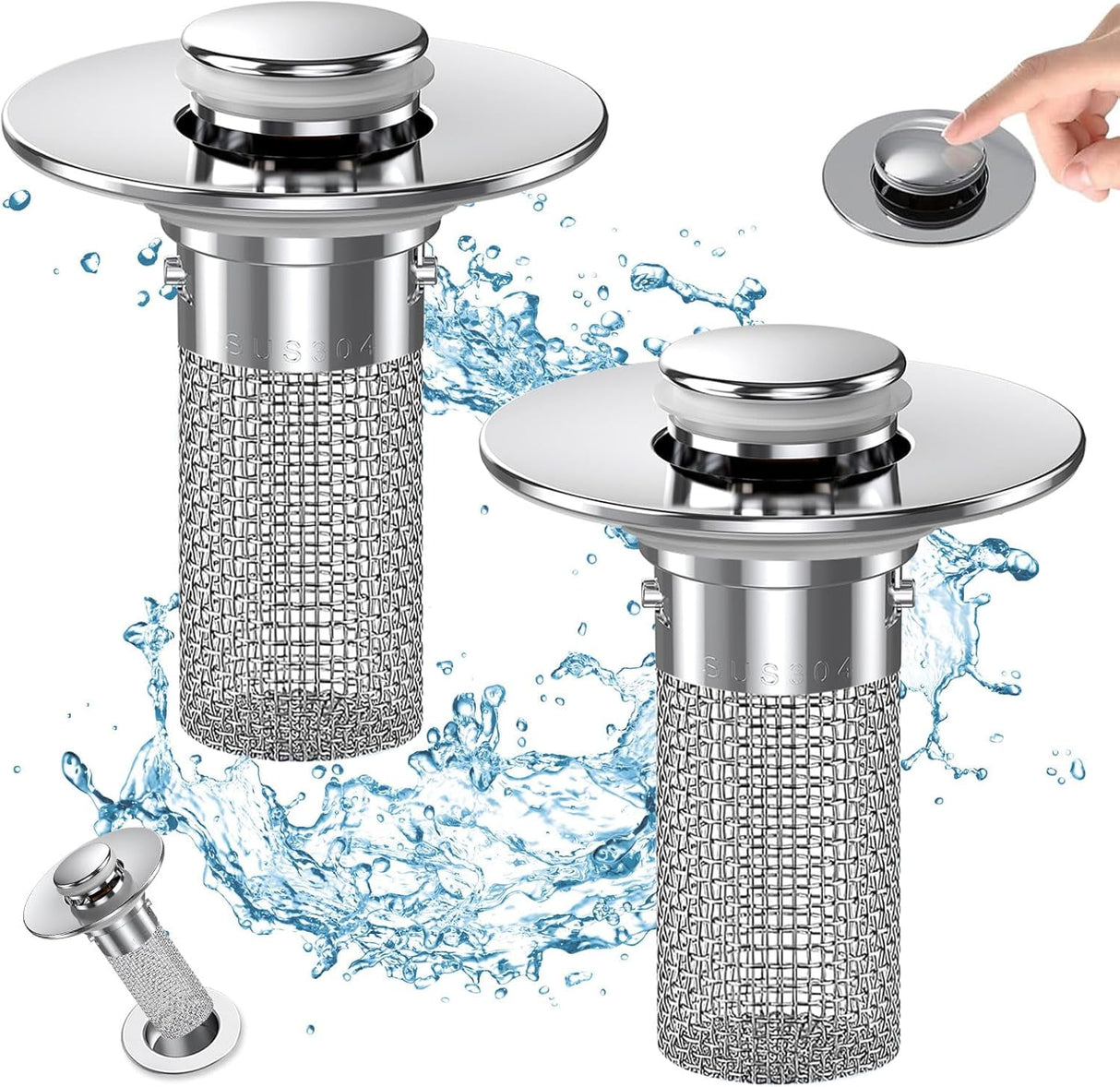 Bathroom Sink Drain Stopper - Pop Up Drain Plug with 1 Replacement Filters Basket, Removable Stainless Steel Floor Drain Filter, Anti Clogging Sink Strainer Hair Catcher for Washroom (Silver)