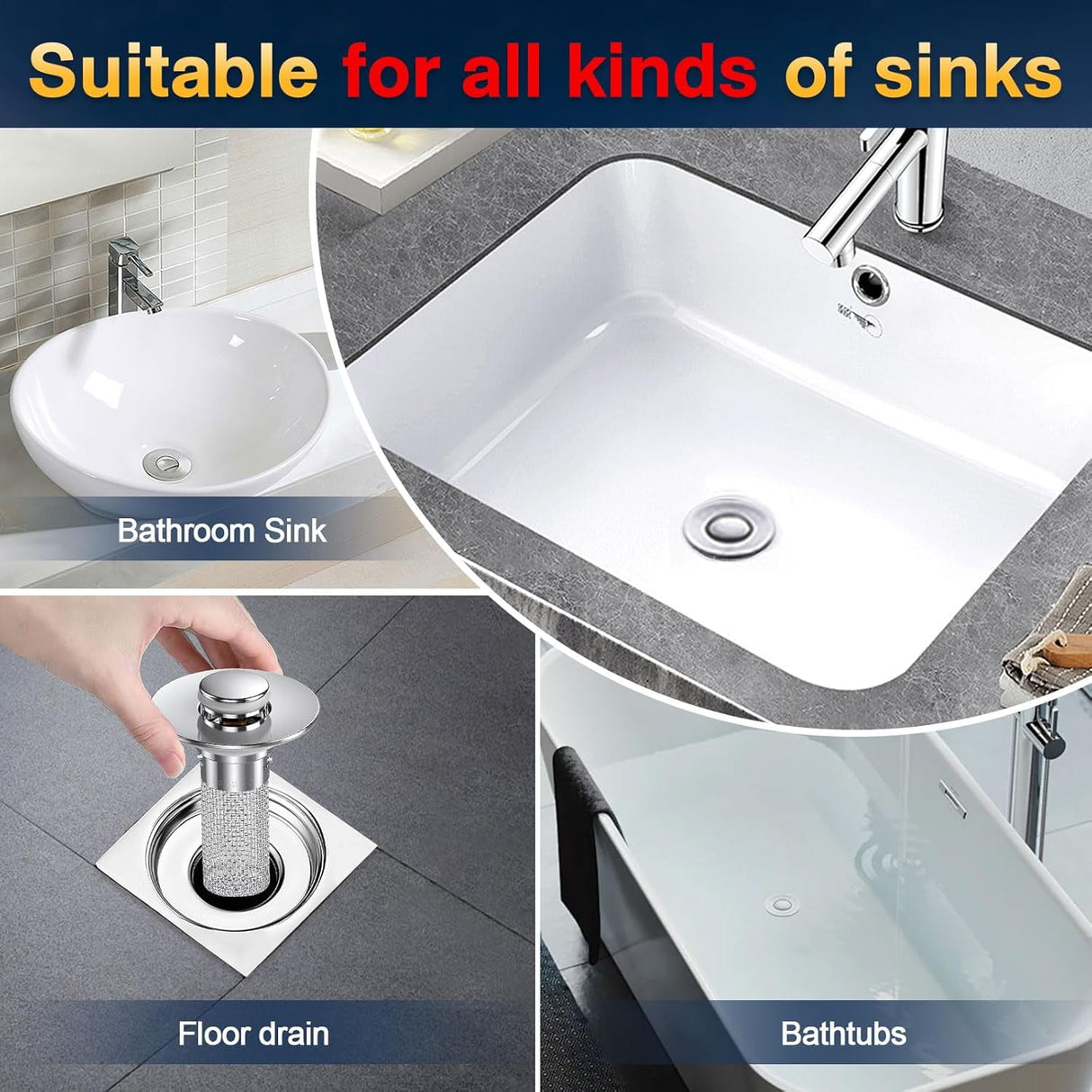 Bathroom Sink Drain Stopper - Pop Up Drain Plug with 1 Replacement Filters Basket, Removable Stainless Steel Floor Drain Filter, Anti Clogging Sink Strainer Hair Catcher for Washroom (Silver)
