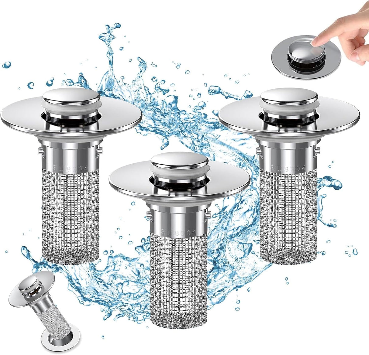 Bathroom Sink Drain Stopper - Pop Up Drain Plug with 3 Replacement Filters Basket, Removable Stainless Steel Floor Drain Filter, Anti Clogging Sink Strainer Hair Catcher for Washroom (Silver)