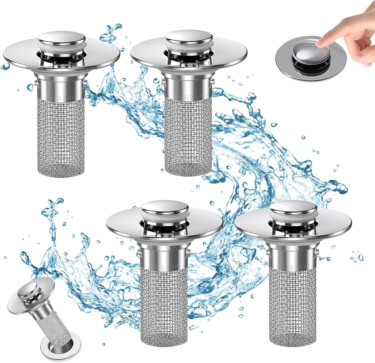 Bathroom Sink Drain Stopper - Pop Up Drain Plug with 3 Replacement Filters Basket, Removable Stainless Steel Floor Drain Filter, Anti Clogging Sink Strainer Hair Catcher for Washroom (Silver)