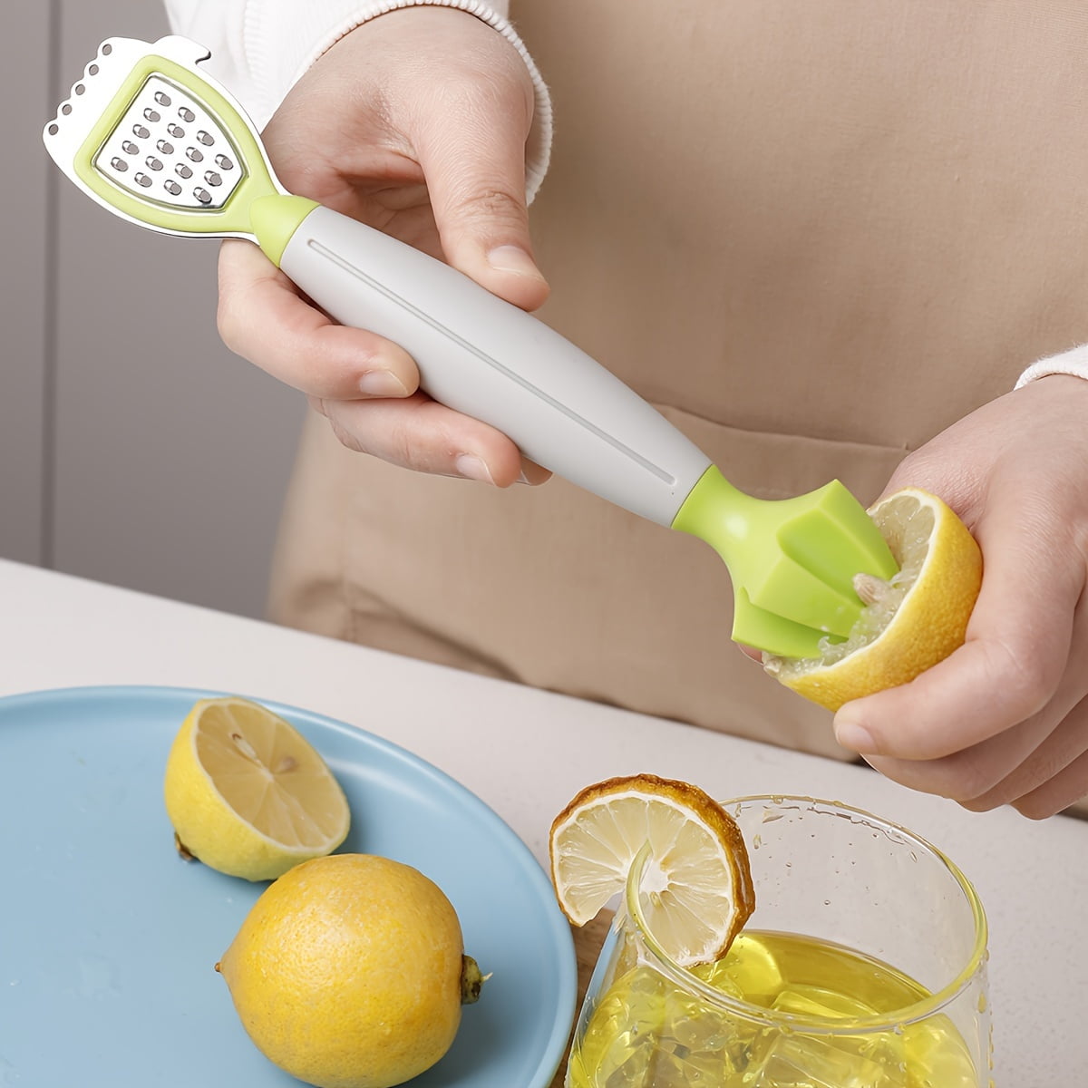 Green Stainless Steel 3-in-1 Citrus Zester & Juicer – Multi-Functional Lemon Grater, Peeler & Juicing Tool with Soft Grip Handle for Oranges, Limes & Grapefruit