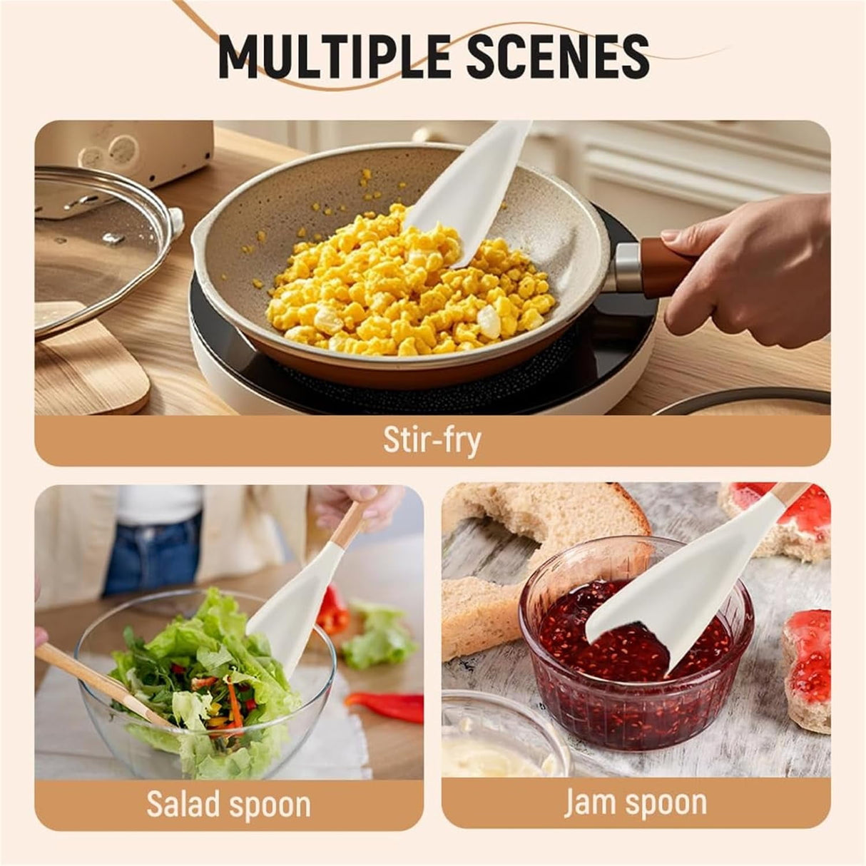 Multifunction Spatula Cooking Spoon, Multi Function Spatula Spoon, Silicone Cooking for Kitchen, 2 in 1 Multi Function Spoon, For Cook and Serving (Black, L) Black