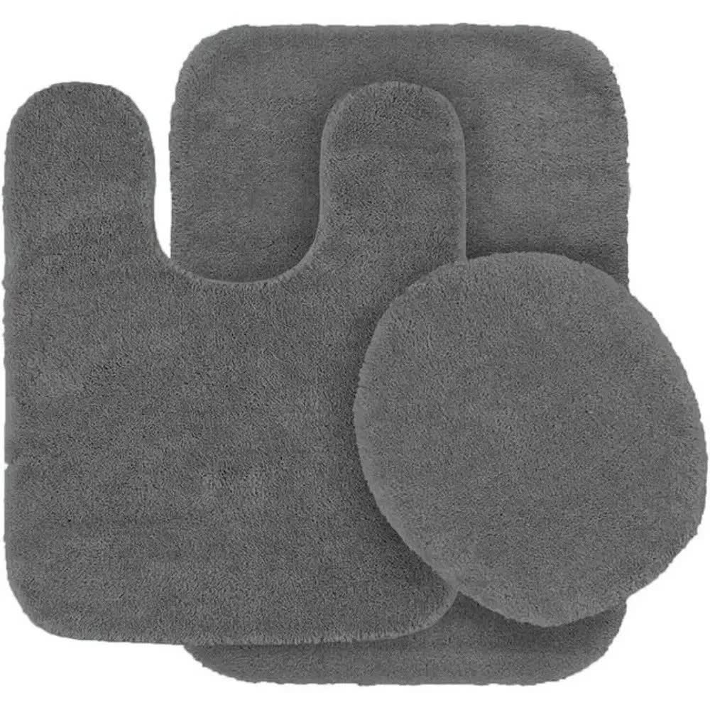 Bathroom 6 Modern Solid Print 3-Count Grey Polyester Bath Rugs, 18 x 28, Non-Slip Backing Gray Charcoal