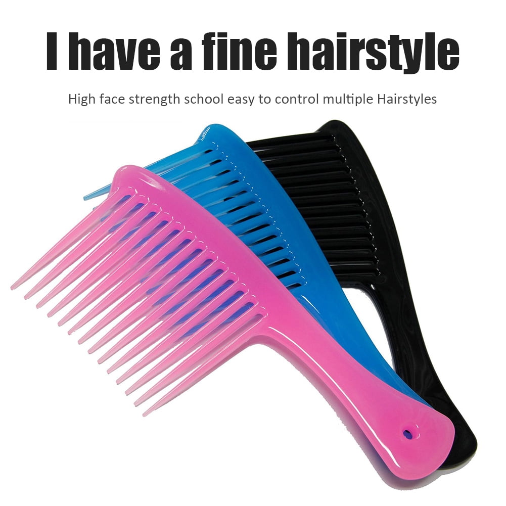 Large Wide Tooth Comb Handle Detangling Reduce Hair Loss Brush Tool (Black) Blue