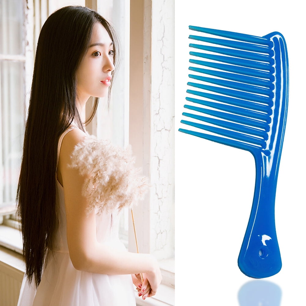 Large Wide Tooth Comb Handle Detangling Reduce Hair Loss Brush Tool (Black) Blue