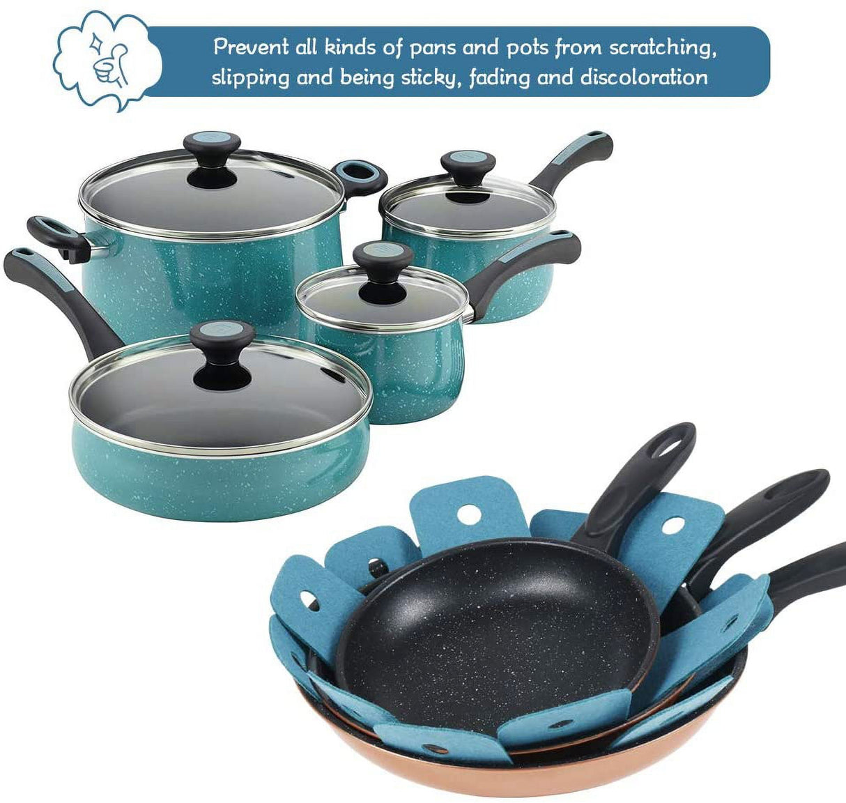 Pot Pan Protectors, Set of 12 and 4 Different Sizes, Larger & Thicker Pan Pot Separator Pads for Stacking and Protecting Your Cookware Cyan