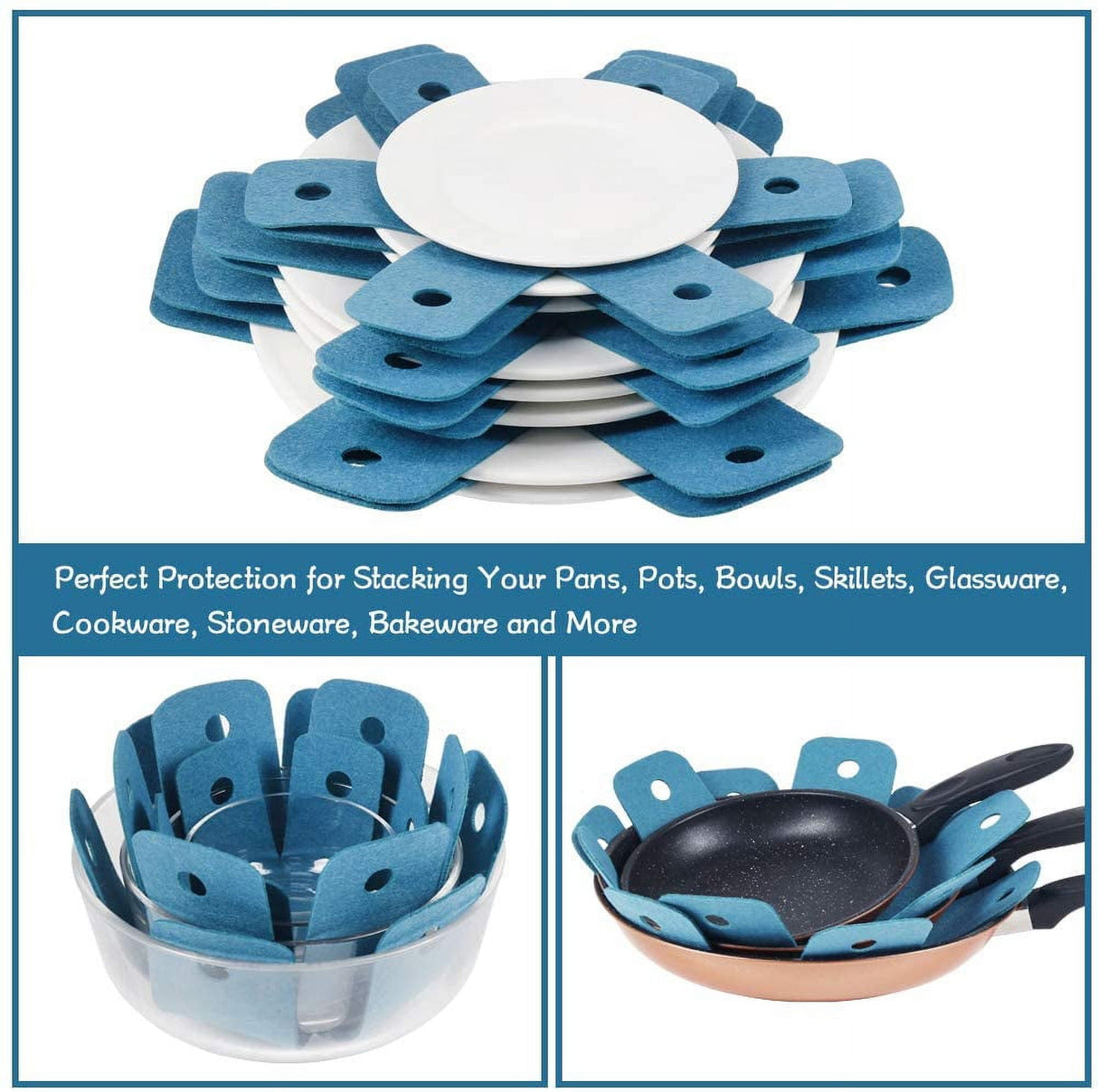 Pot Pan Protectors, Set of 12 and 4 Different Sizes, Larger & Thicker Pan Pot Separator Pads for Stacking and Protecting Your Cookware Cyan
