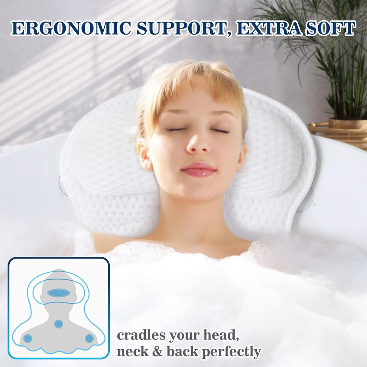 Bath Pillow Bathtub Pillow, Bath Pillows for Tub Neck and Back Support, Bath Tub Pillow Headrest with Soft 4D Mesh Fabric and Non-Slip Suction Cups, Relaxing Bath Accessories Spa Gifts