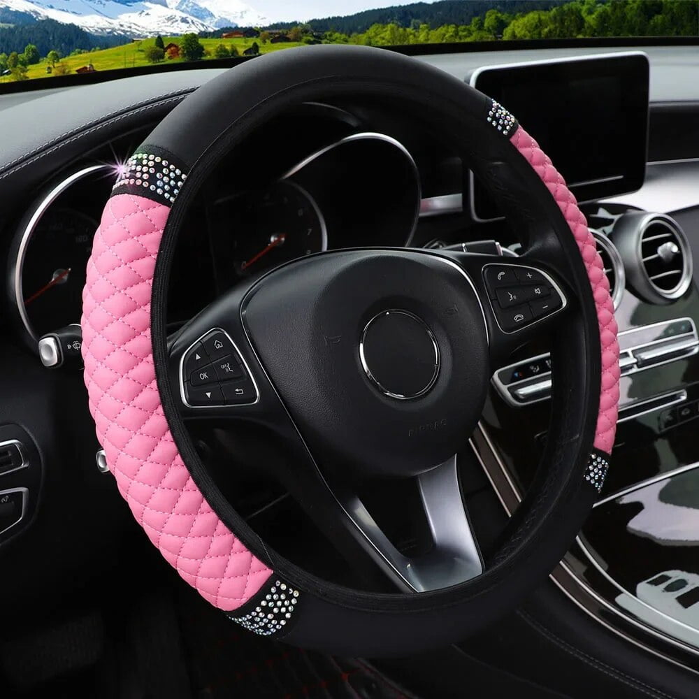 Universal Car Steering Wheel Cover 37-38cm Leather Embroidered Color Diamond-Studded Elastic Four Seasons Steering Wheel Cover Black Pink