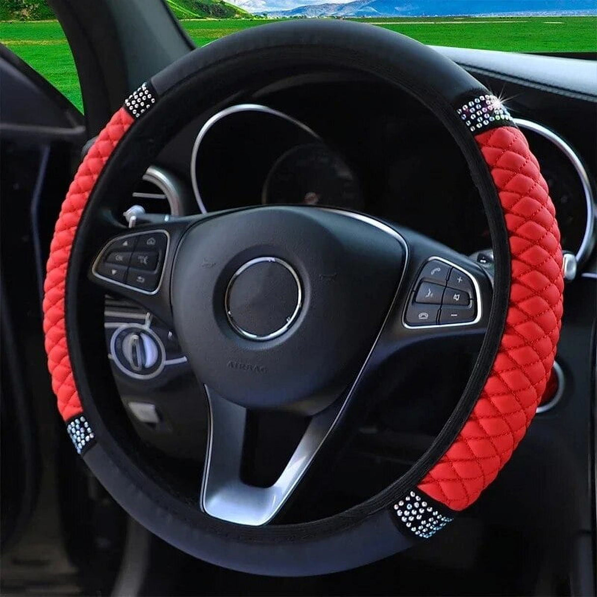 Universal Car Steering Wheel Cover 37-38cm Leather Embroidered Color Diamond-Studded Elastic Four Seasons Steering Wheel Cover Black Pink