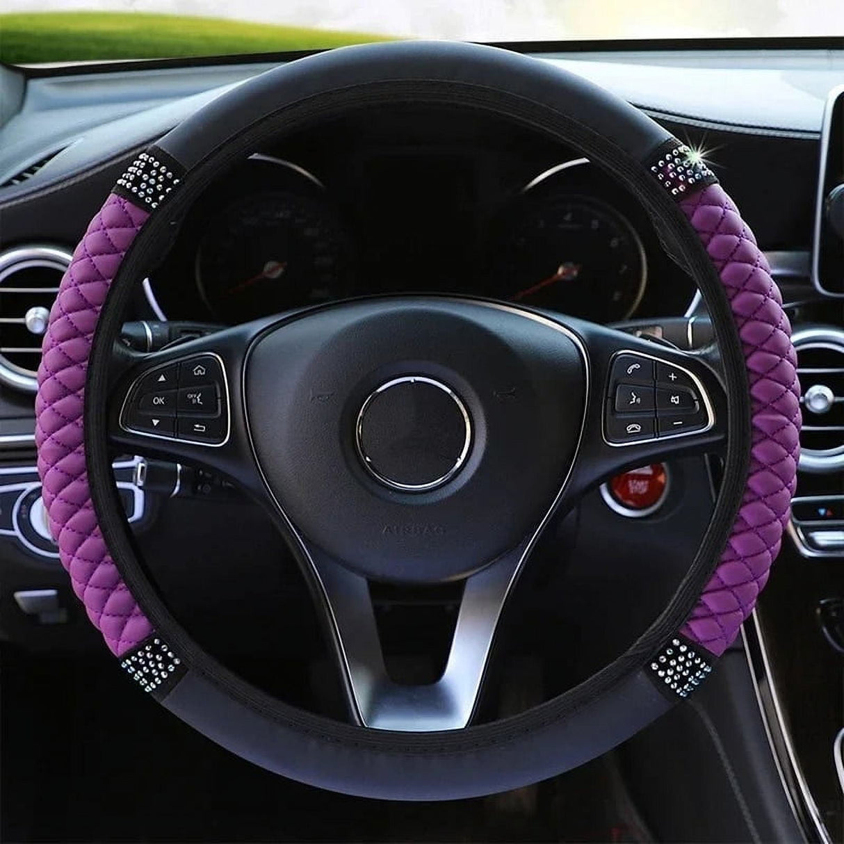 Universal Car Steering Wheel Cover 37-38cm Leather Embroidered Color Diamond-Studded Elastic Four Seasons Steering Wheel Cover Black Pink