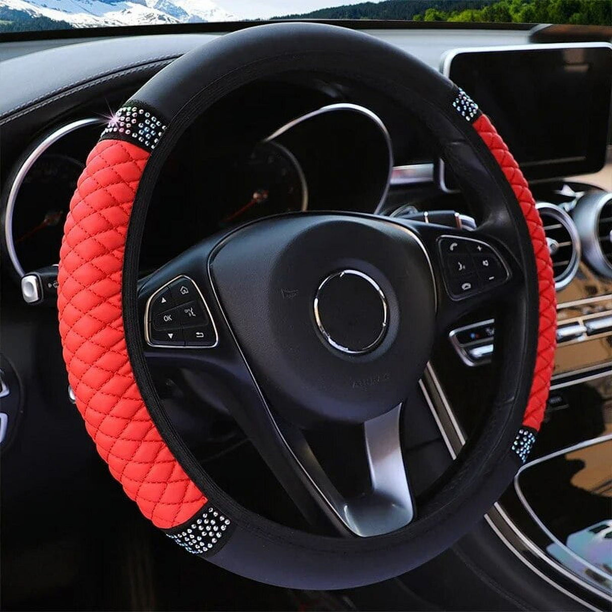 Universal Car Steering Wheel Cover 37-38cm Leather Embroidered Color Diamond-Studded Elastic Four Seasons Steering Wheel Cover Black Red