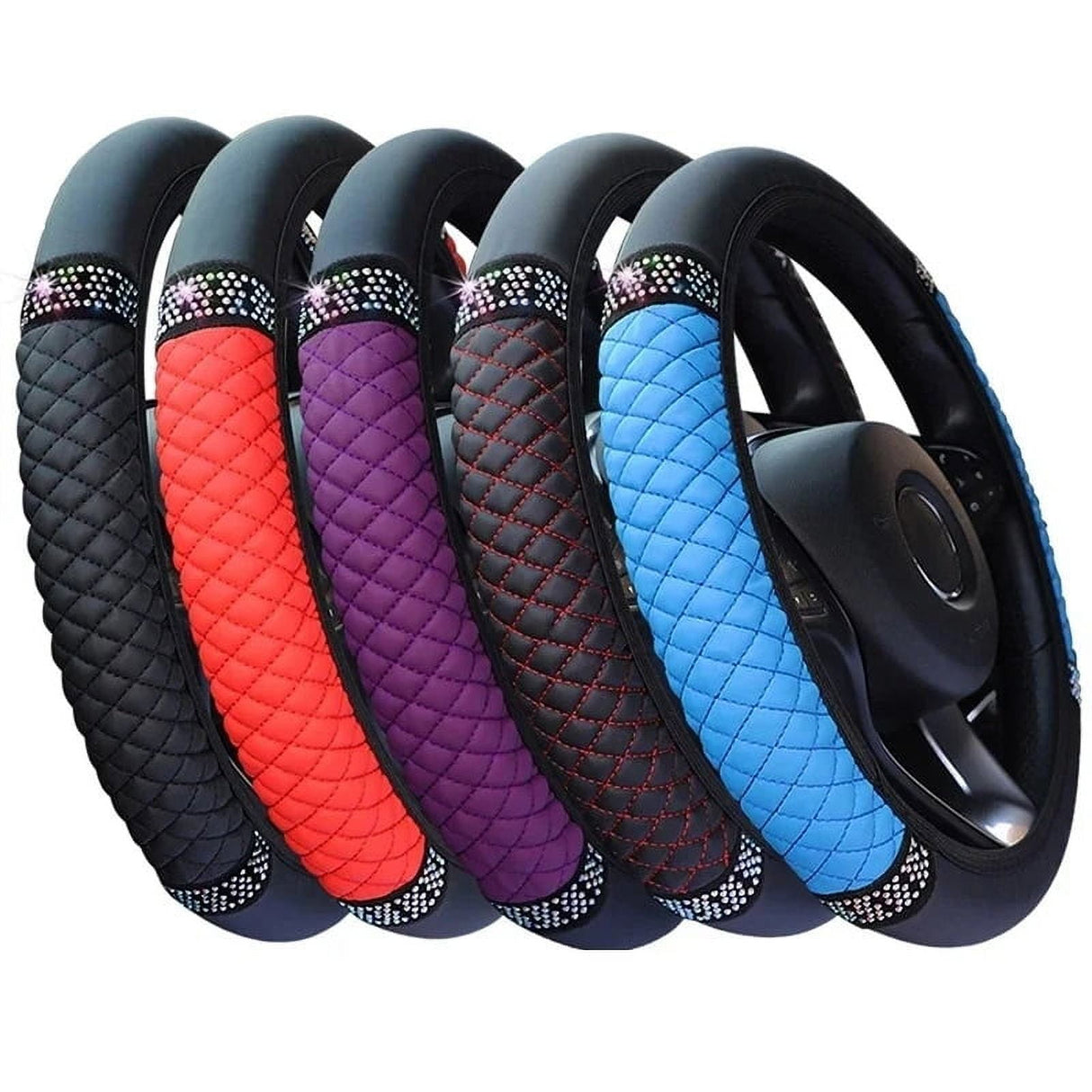 Universal Car Steering Wheel Cover 37-38cm Leather Embroidered Color Diamond-Studded Elastic Four Seasons Steering Wheel Cover Black Red