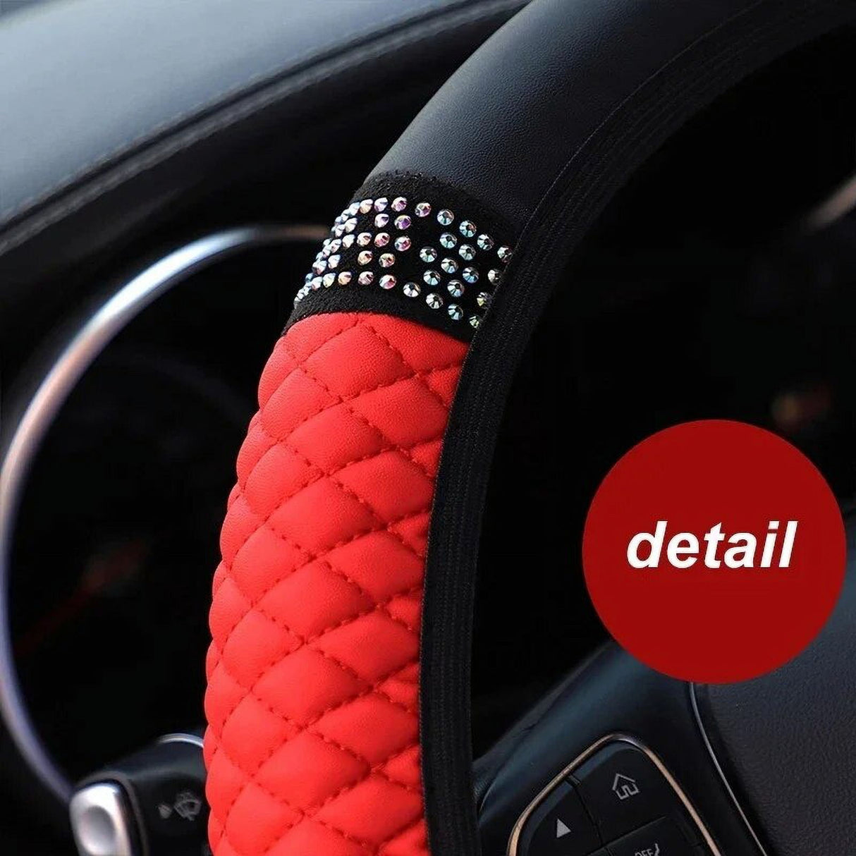 Universal Car Steering Wheel Cover 37-38cm Leather Embroidered Color Diamond-Studded Elastic Four Seasons Steering Wheel Cover Black Red