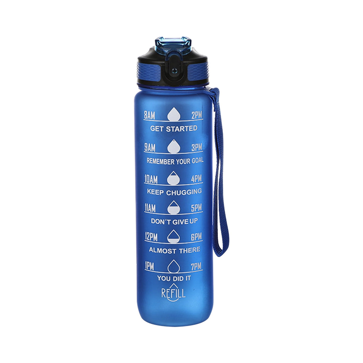 32Oz Water Bottle with Time Markers, Carry Strap, Leak-Proof for Fitness, Gym, Camping, Outdoor Sports Blue