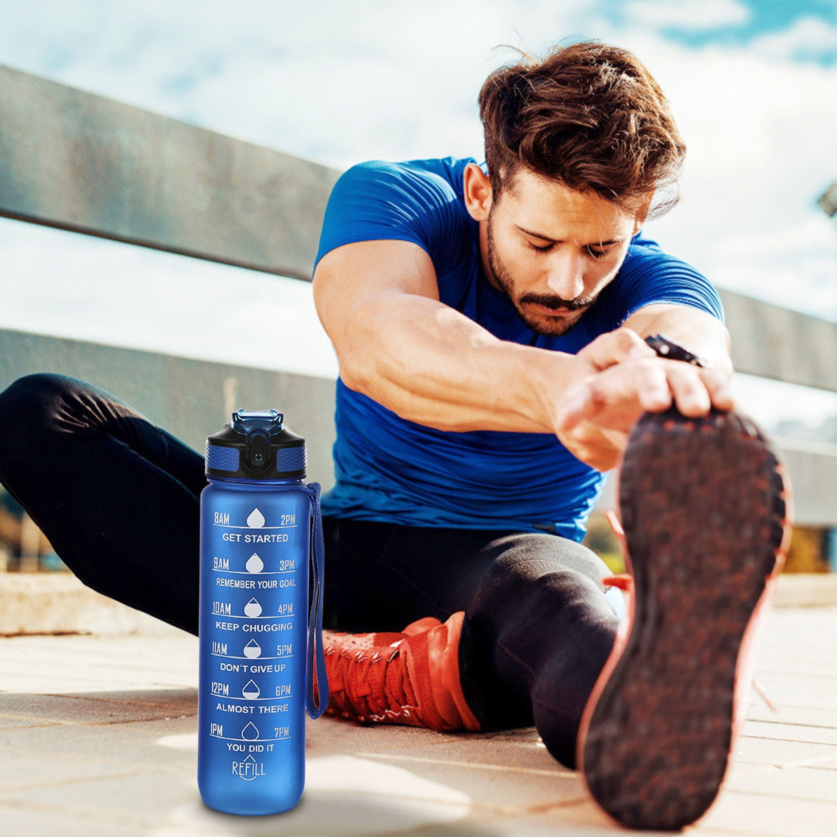 32Oz Water Bottle with Time Markers, Carry Strap, Leak-Proof for Fitness, Gym, Camping, Outdoor Sports Blue